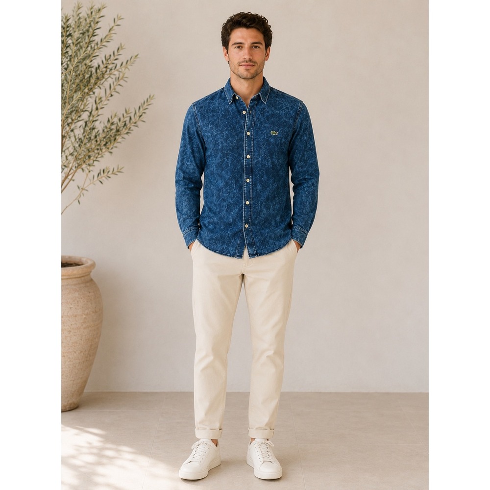 Lacoste L!VE Men's Blue Acid Wash Denim Look Button Down Shirt Cotton Medium